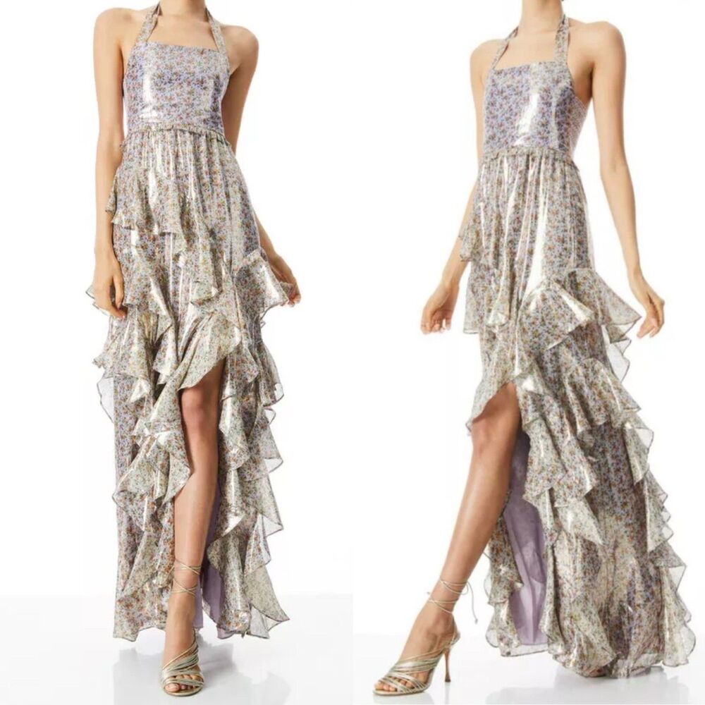 Alice + Olivia Jocelyn Ruffle Maxi Dress Floral Purple Metallic Halter Silk 8 US